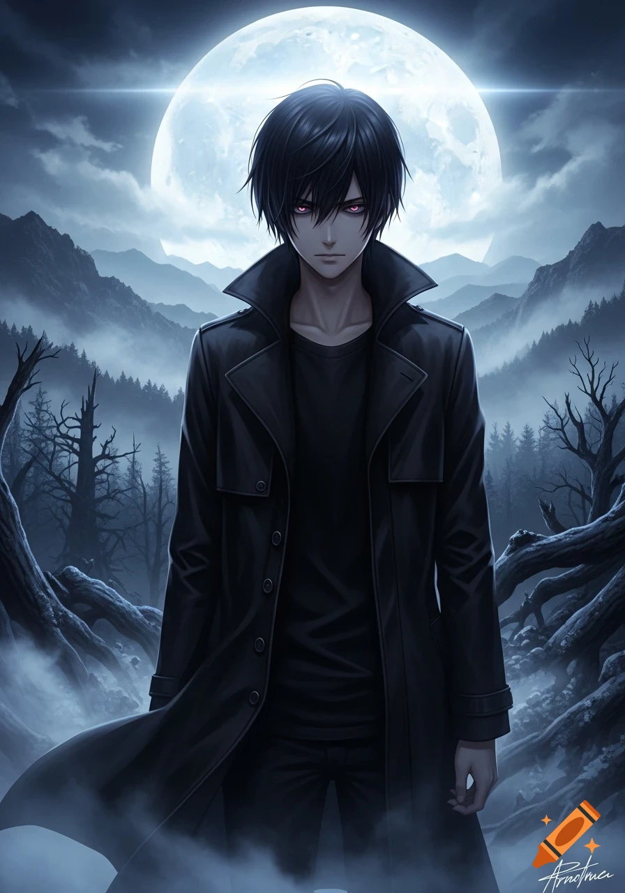 Anime boy with black hair and glowing red eyes in a black trench coat stands in a foggy, dark forest under a full moon.