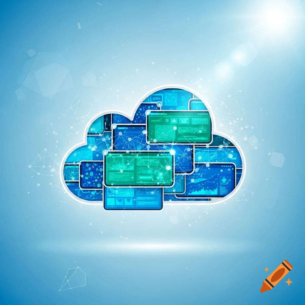 Stylized cloud icon made of screens displaying data and network connections on a blue background, representing cloud computing.