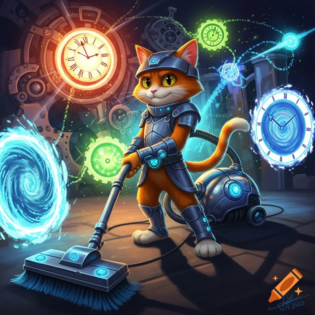 Cartoon orange cat in armor holds a futuristic vacuum cleaner amidst glowing clocks and swirling portals in a steampunk time dimension.