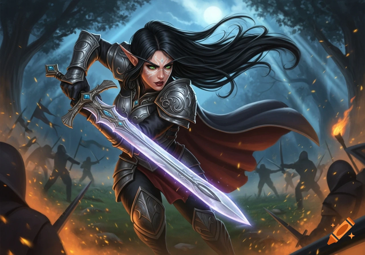 A dark-haired female elf warrior in ornate armor wields a glowing sword amidst a fiery night battle.