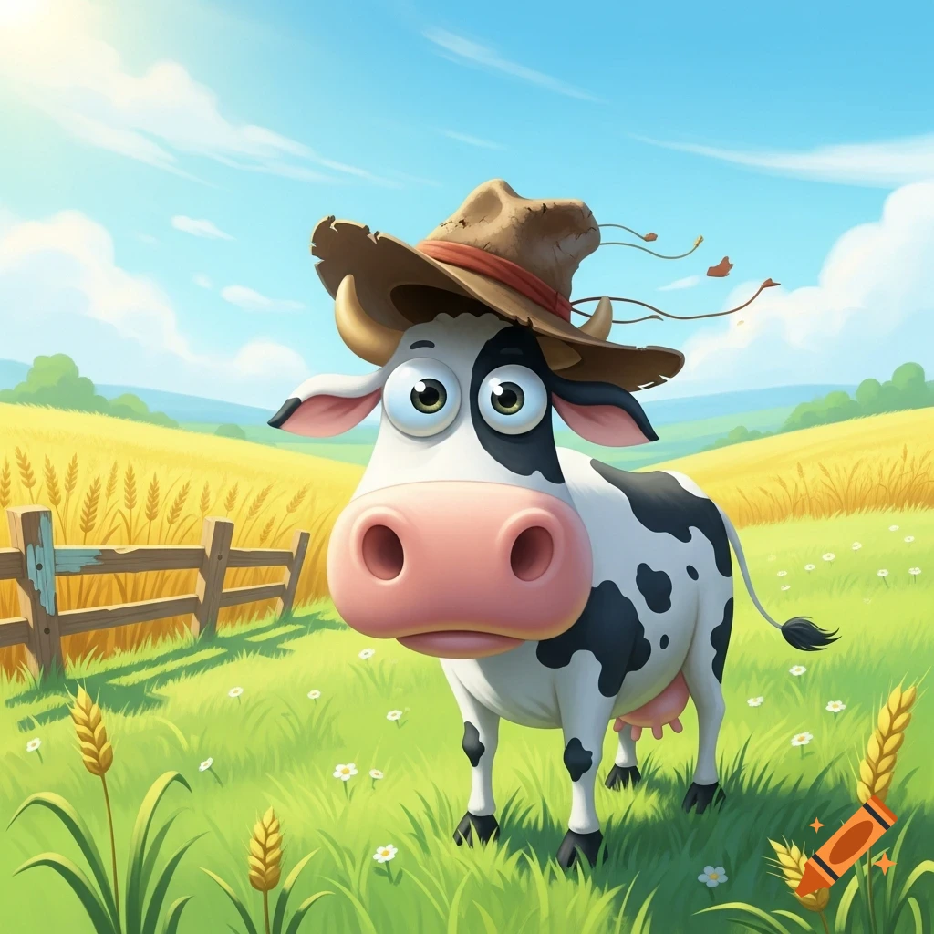 A cute cartoon cow wearing a tatty farmer's hat stands in a sunny green and yellow field with a wooden fence and wheat stalks.