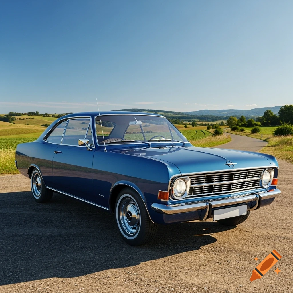 A blue classic Opel coupe is parked on a winding rural road with green fields and rolling hills under a clear blue sky.