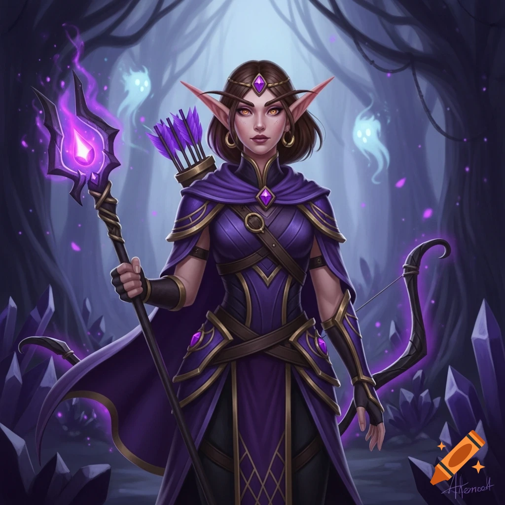 A detailed high fantasy illustration of an elf mage in purple armor, with a glowing staff and bow, in a dark crystal forest.