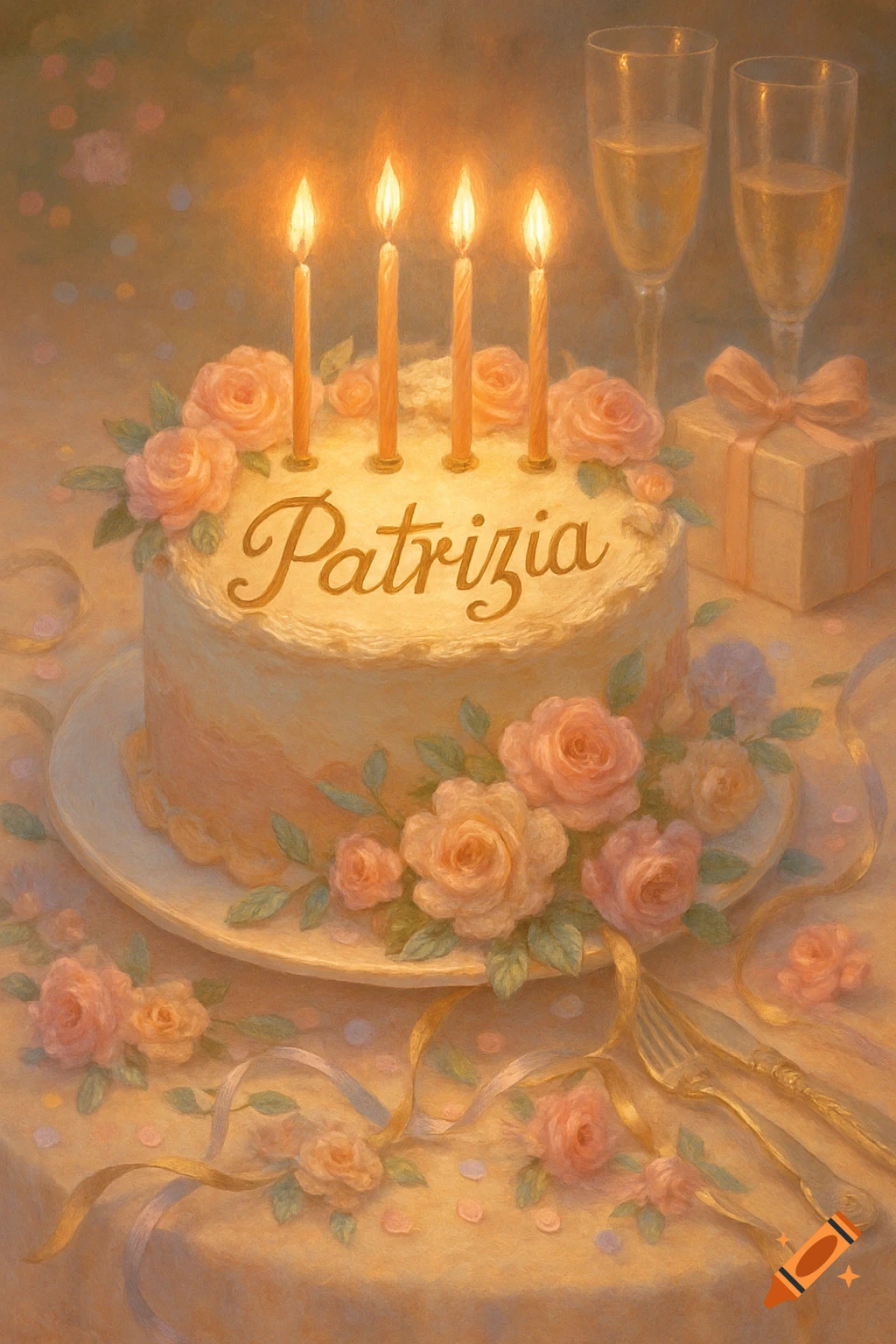 Painterly birthday cake with 'Patrizia' written on top, pink roses, lit candles, champagne glasses, and a gift on a warm-toned table.
