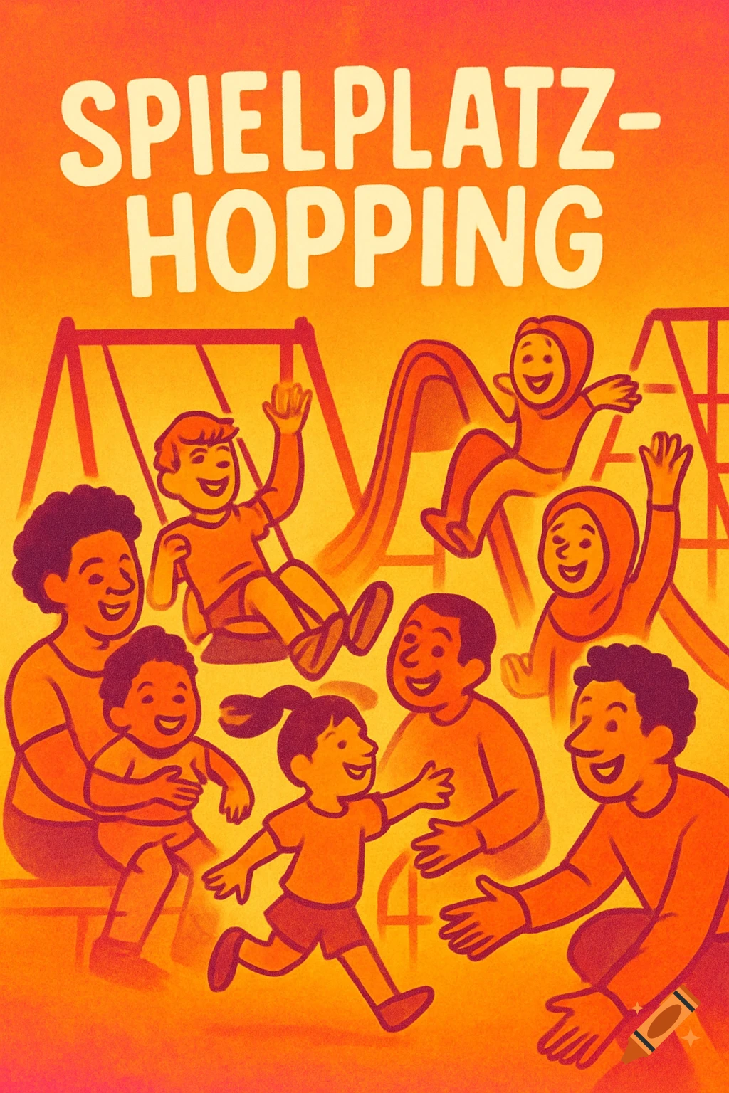 A vibrant illustration of adults and children happily playing in an orange and yellow playground, with 'SPIELPLATZ-HOPPING' text at the top.