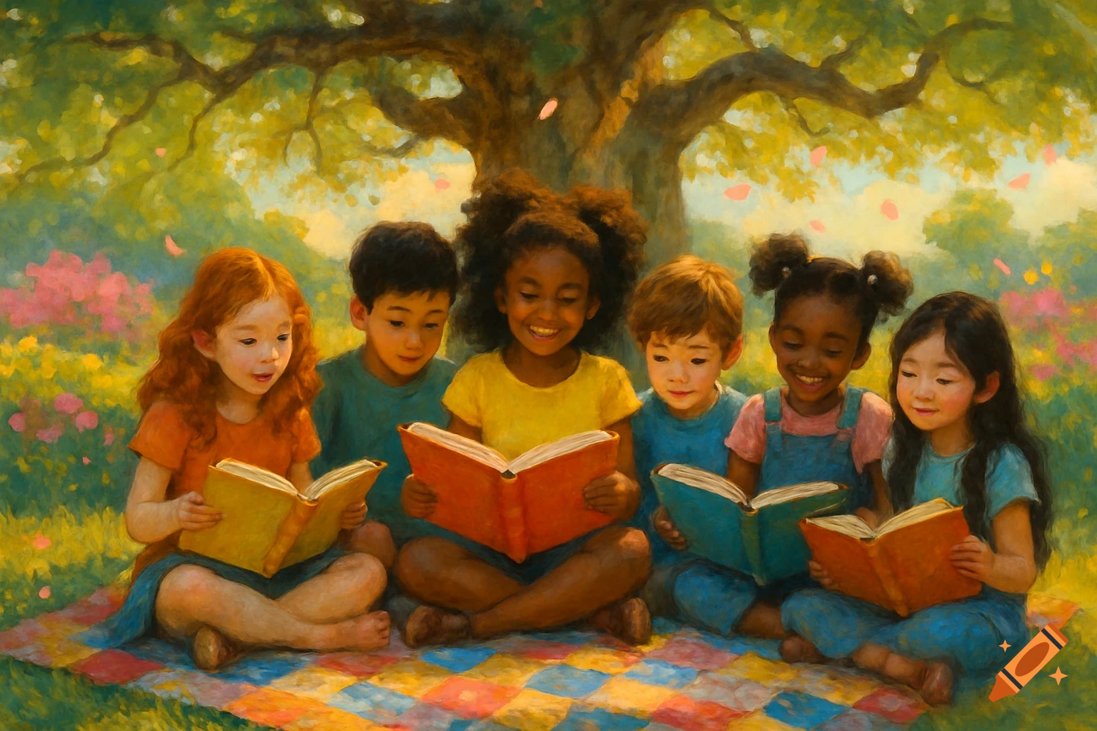 Diverse children sit on a blanket under a tree, reading books in a sunny, impressionistic painting.