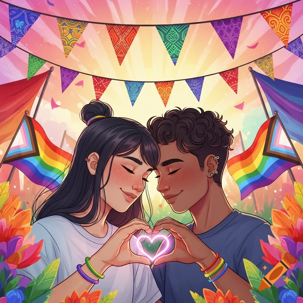 Colorful illustration of two people forming a glowing heart with their hands, surrounded by Pride flags and festive banners.
