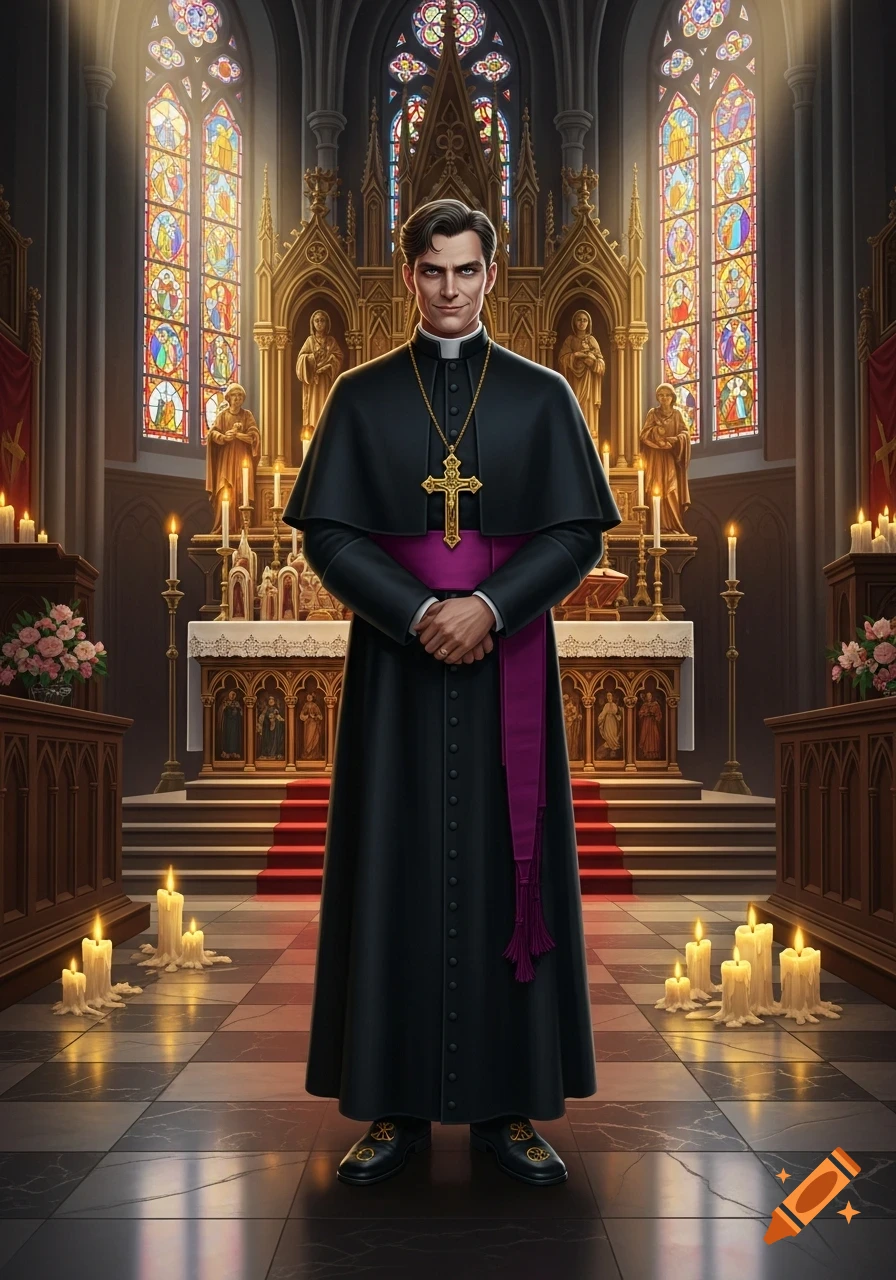 A serious-looking clergyman in black vestments and a purple stole stands in a gothic church with stained glass windows.