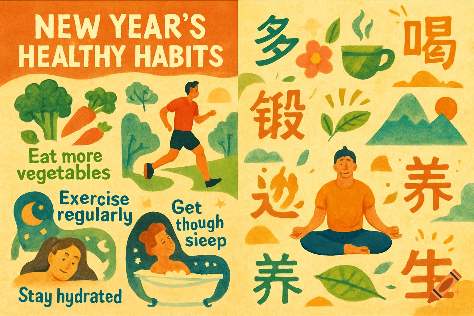 A colorful, textured infographic on new year's healthy habits, featuring illustrations of eating vegetables, running, sleeping, staying hydrated, and meditating, with English and Chinese text.