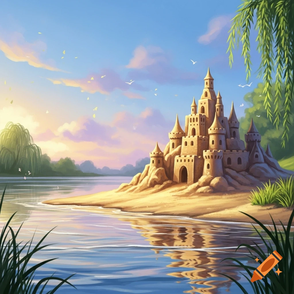 Whimsical illustration of a grand sandcastle on a riverbank at sunset, with weeping willows and birds flying in the sky.