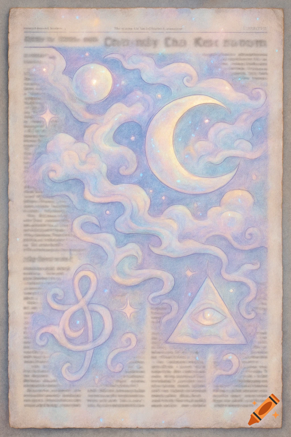 Dreamlike pastel illustration on a blurred newspaper background, featuring a crescent moon, full moon, swirling clouds, stars, a treble clef, and an Eye of Providence triangle.