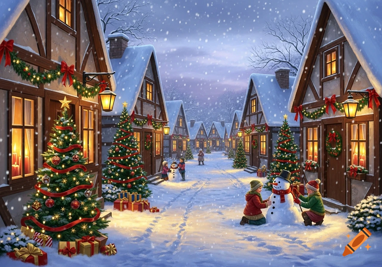 A festive winter village scene with snow-covered houses decorated for ...