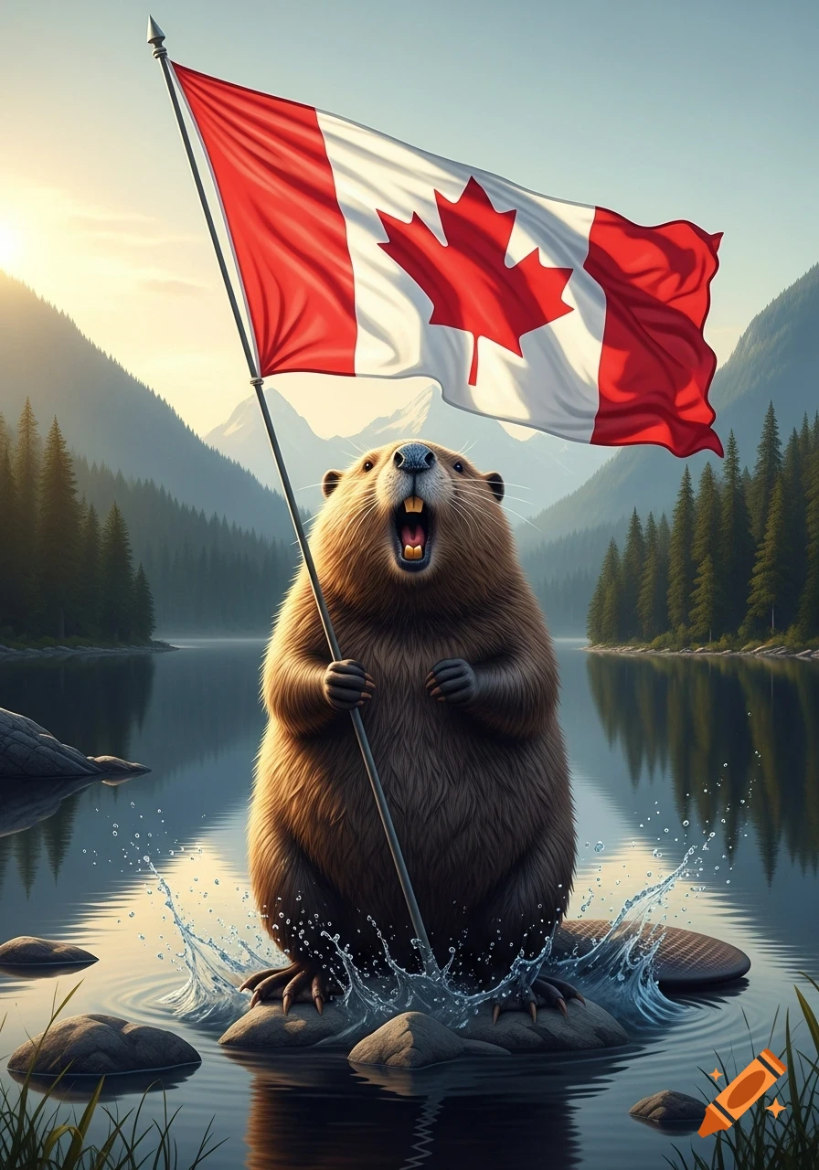 A screaming beaver stands on rocks in a lake, holding a large Canadian flag with mountains and trees in the background. Photorealistic style.