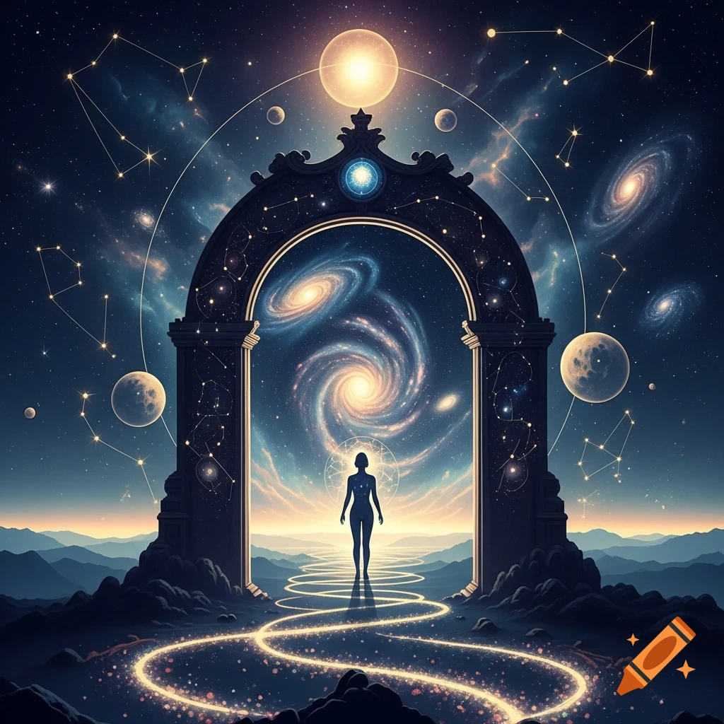 A silhouette stands on a glowing path leading to an ornate gateway opening into a swirling galaxy, under a cosmic sky with stars and planets.