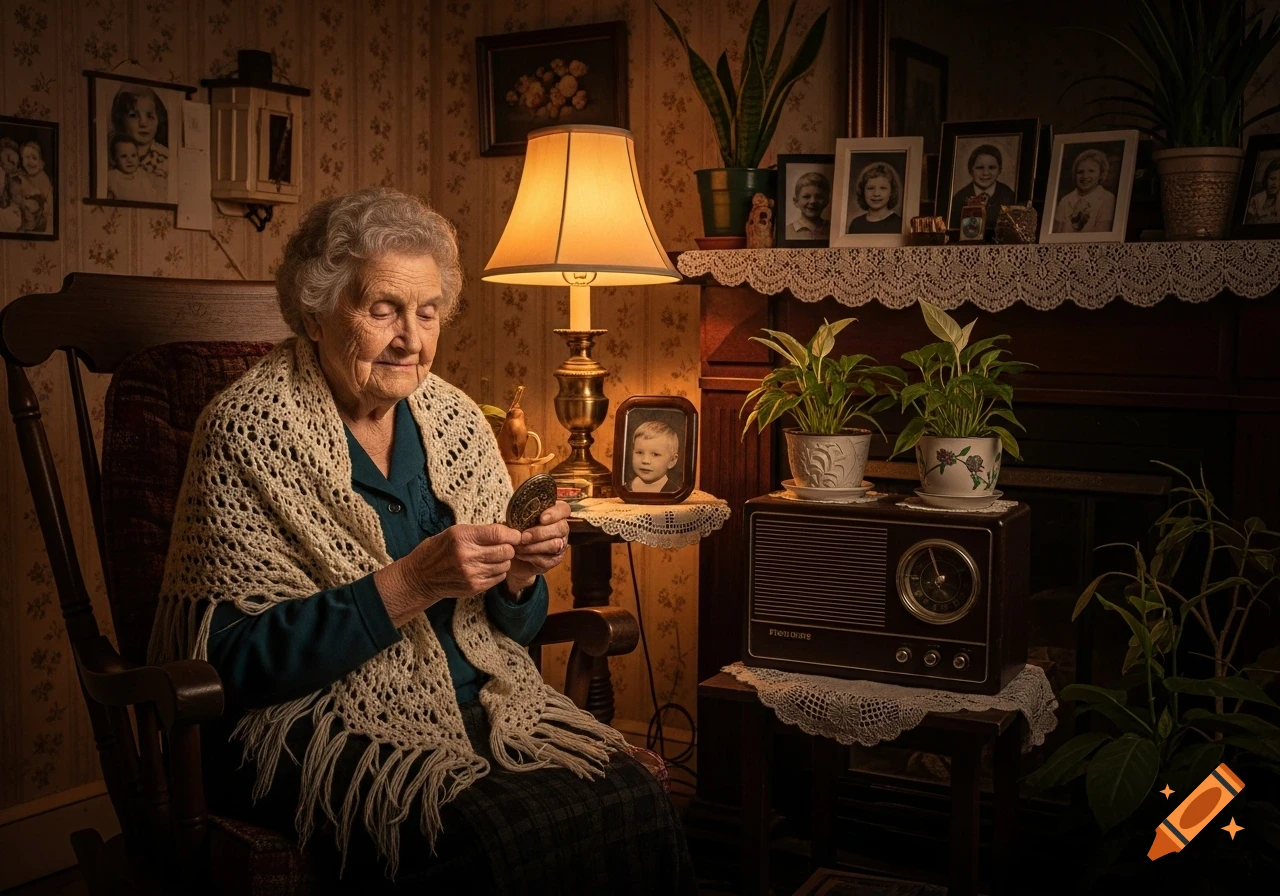 Photorealistic image of an elderly woman in a cozy, dimly lit vintage room, sitting in a rocking chair, looking at a small ornate locket.