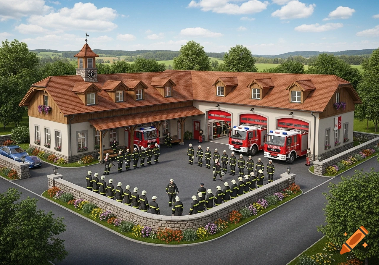 An aerial view of a fire station with a red roof, three red fire trucks, and many firefighters standing in formation in front of it.