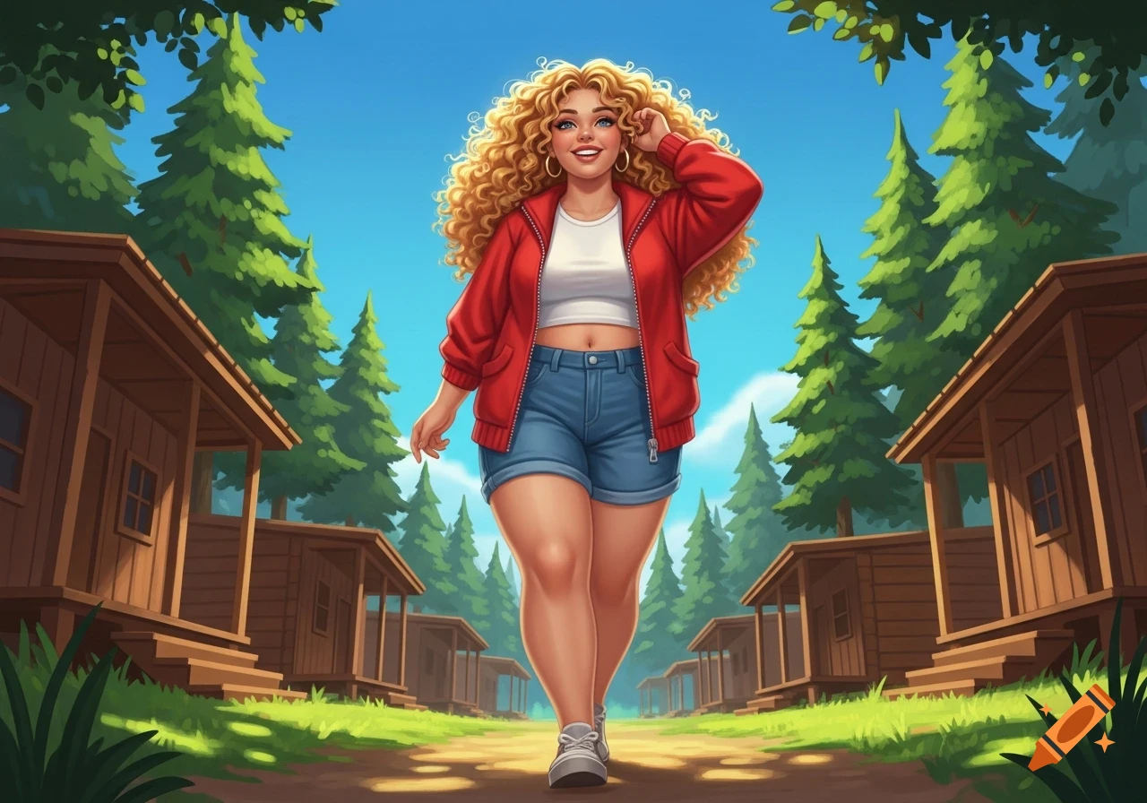 A cartoon of a curvy woman with curly blonde hair in a red jacket, crop top, and jean shorts walking through a summer camp with cabins and pine trees.