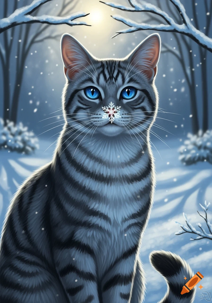 An illustrated silver tabby cat with bright blue eyes and a snowflake on its nose sits in a snowy winter forest.