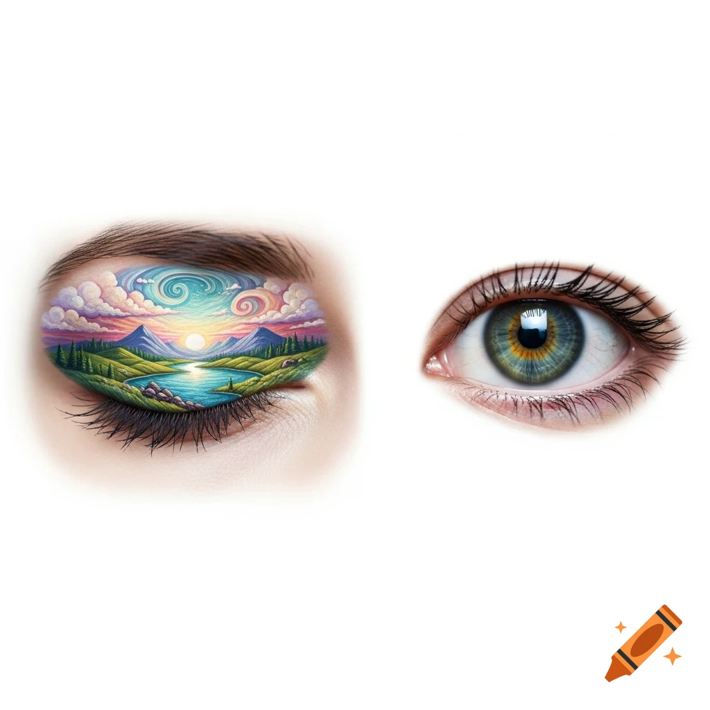 Close-up of two human eyes. One closed with a detailed colorful landscape painted on the eyelid; the other open with a green and gold iris.