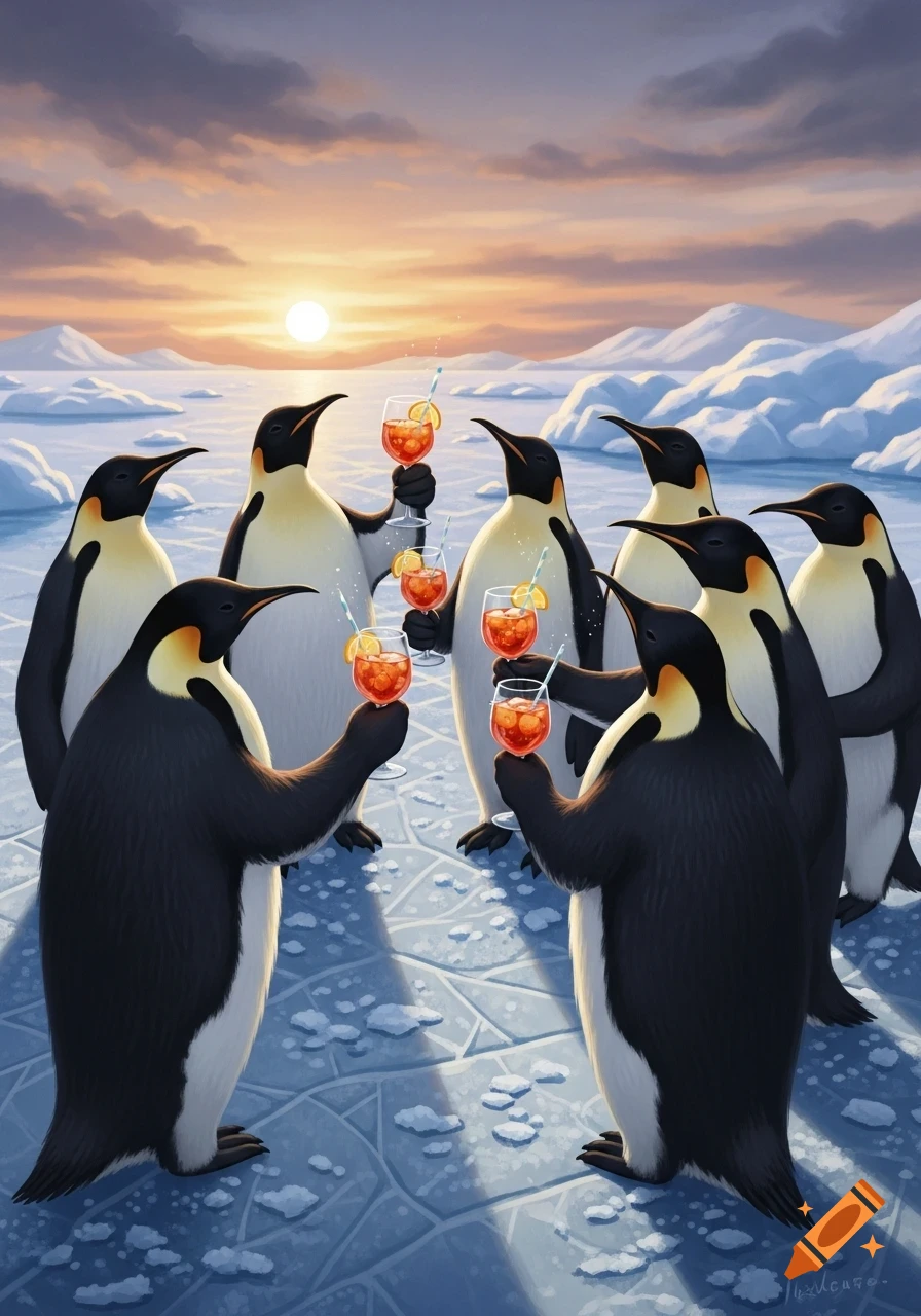An illustration of emperor penguins toasting with Aperol Spritz cocktails on an icy landscape at sunset.