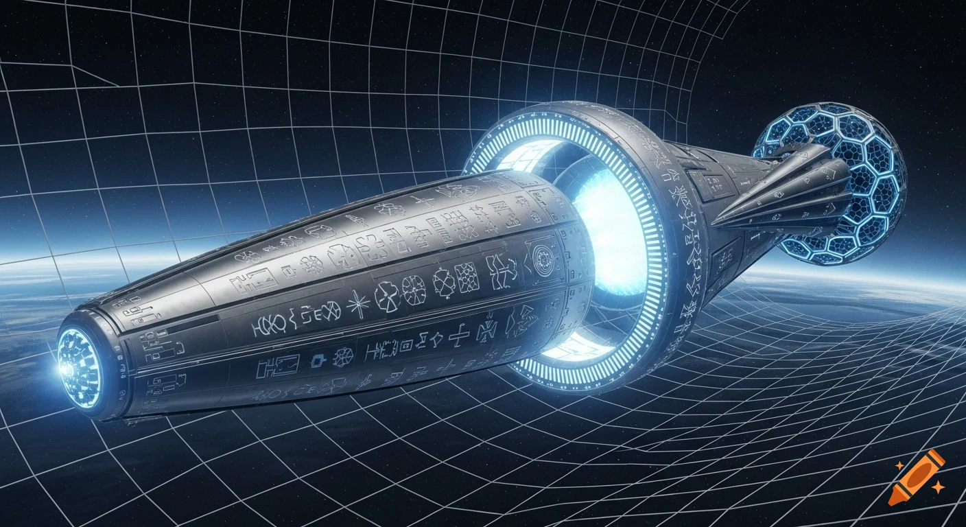 A futuristic warp-field spacecraft with glowing rings and symbolic glyphs, flying through a warped grid in space above a planet.