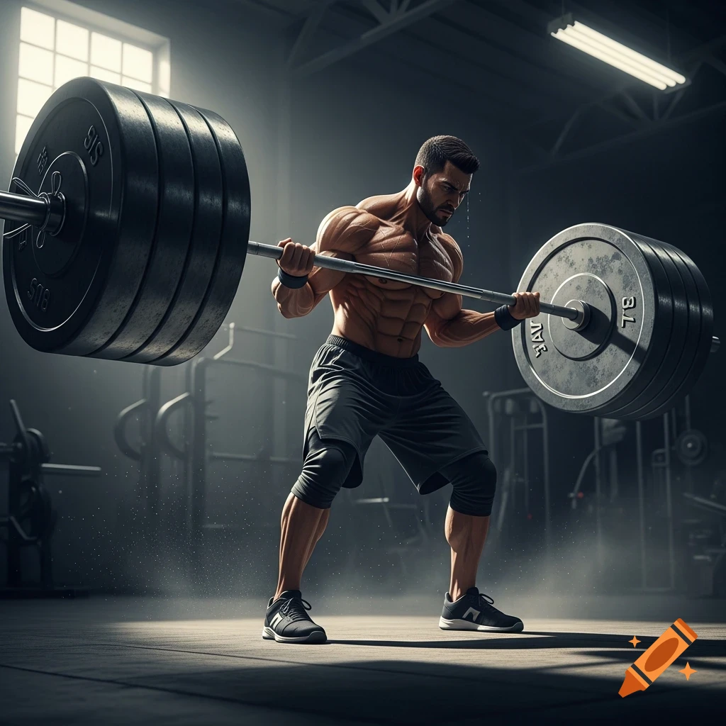 Photorealistic image of a very muscular man lifting a heavy barbell in a dimly lit gym.