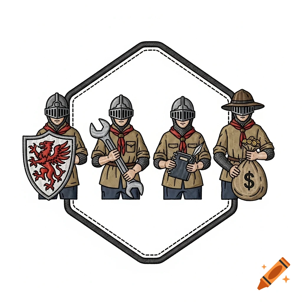 Four medieval-style knights in scout-like uniforms. One holds a shield with a red griffin, one a wrench, one a notebook and quill, and one a money bag. Stitched fabric patch style, framed by a hexagon.