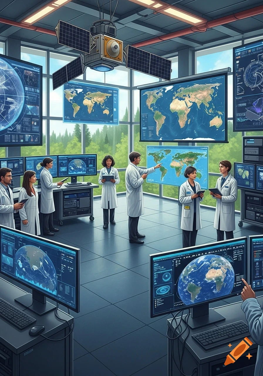 A team of scientists in lab coats monitors multiple large screens displaying world maps and data in a high-tech control room with a satellite model hanging from the ceiling.