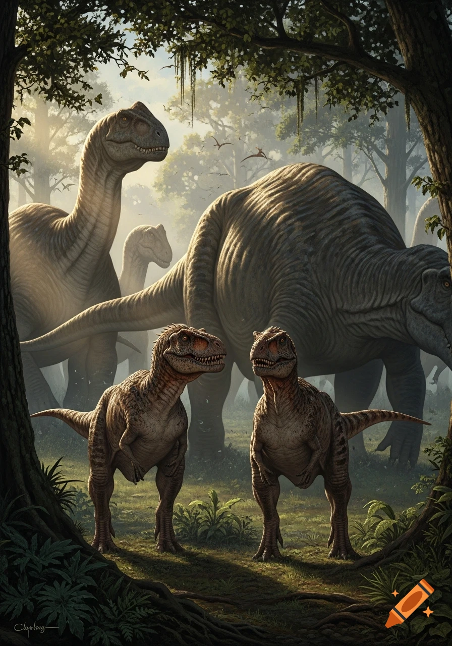Two Allosaurs stand in a lush, misty prehistoric forest with a herd of large sauropod dinosaurs in an acrylic painting.