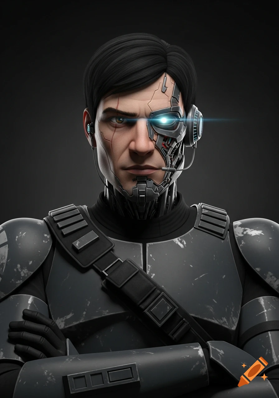 Stylized 3D CGI portrait of a helmetless cyborg clone trooper with a glowing blue eye, dark armor, and crossed arms.