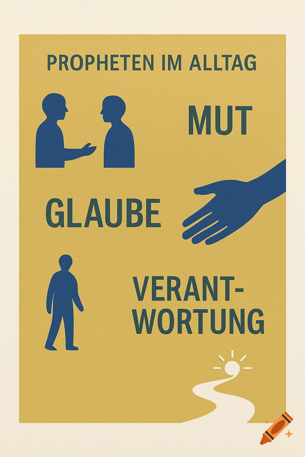 Minimalist gold and blue poster with abstract figures, hand, path, and German text: 'Propheten im Alltag', 'Mut', 'Glaube', 'Verantwortung'.