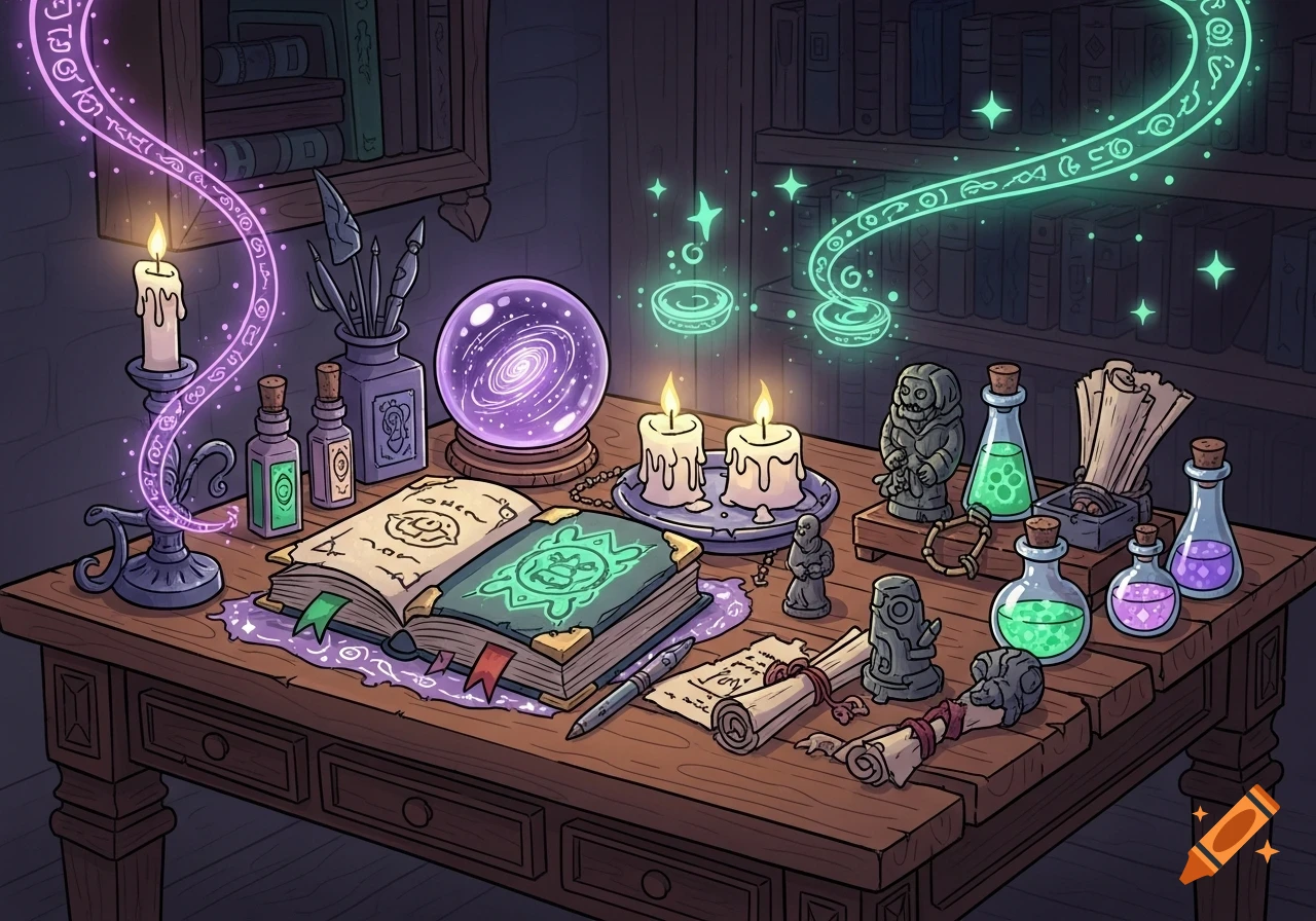 A cartoon illustration of a wooden magic table laden with glowing spellbooks, potions, candles, a crystal ball, and scrolls, emitting purple and green magical energy.