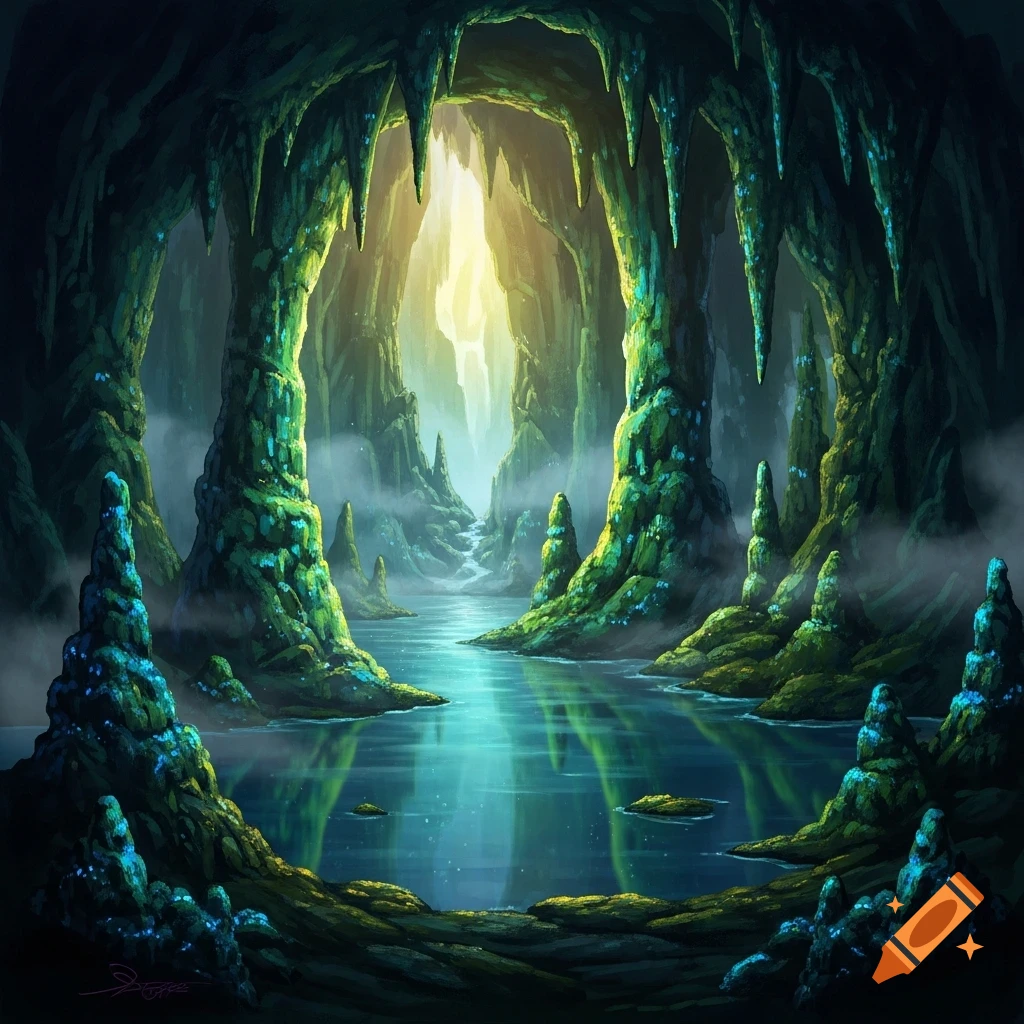 A vibrant, mystical cave with a luminous opening, glowing green and blue rock formations, and a serene river flowing through it.
