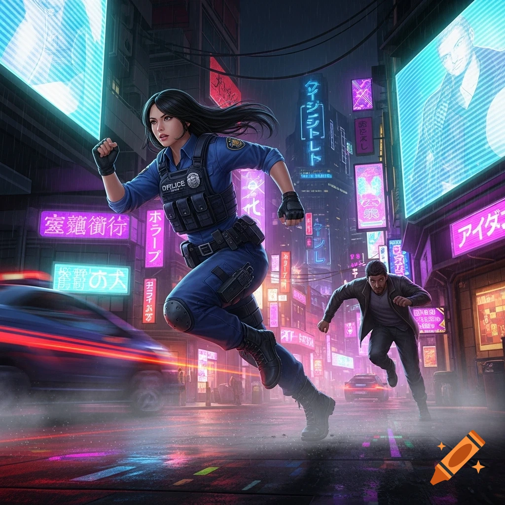 A female police officer in a blue uniform and tactical vest runs through a neon-lit cyberpunk city at night, with a man chasing behind her.