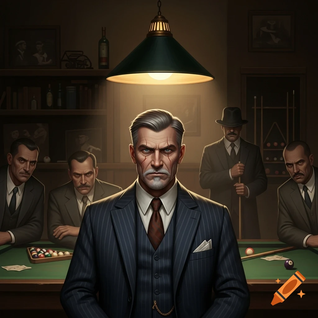 A stylized illustration of five serious-looking men in suits gathered around a dimly lit billiards table. The central figure has prominent scars on his face.