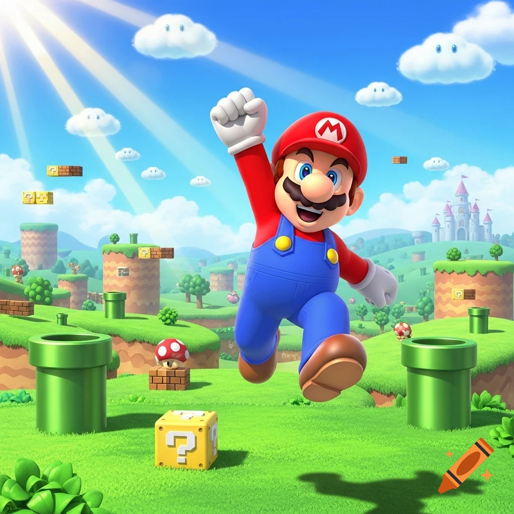 Mario jumping in a vibrant green landscape with blue skies, white clouds, green pipes, and a distant castle.
