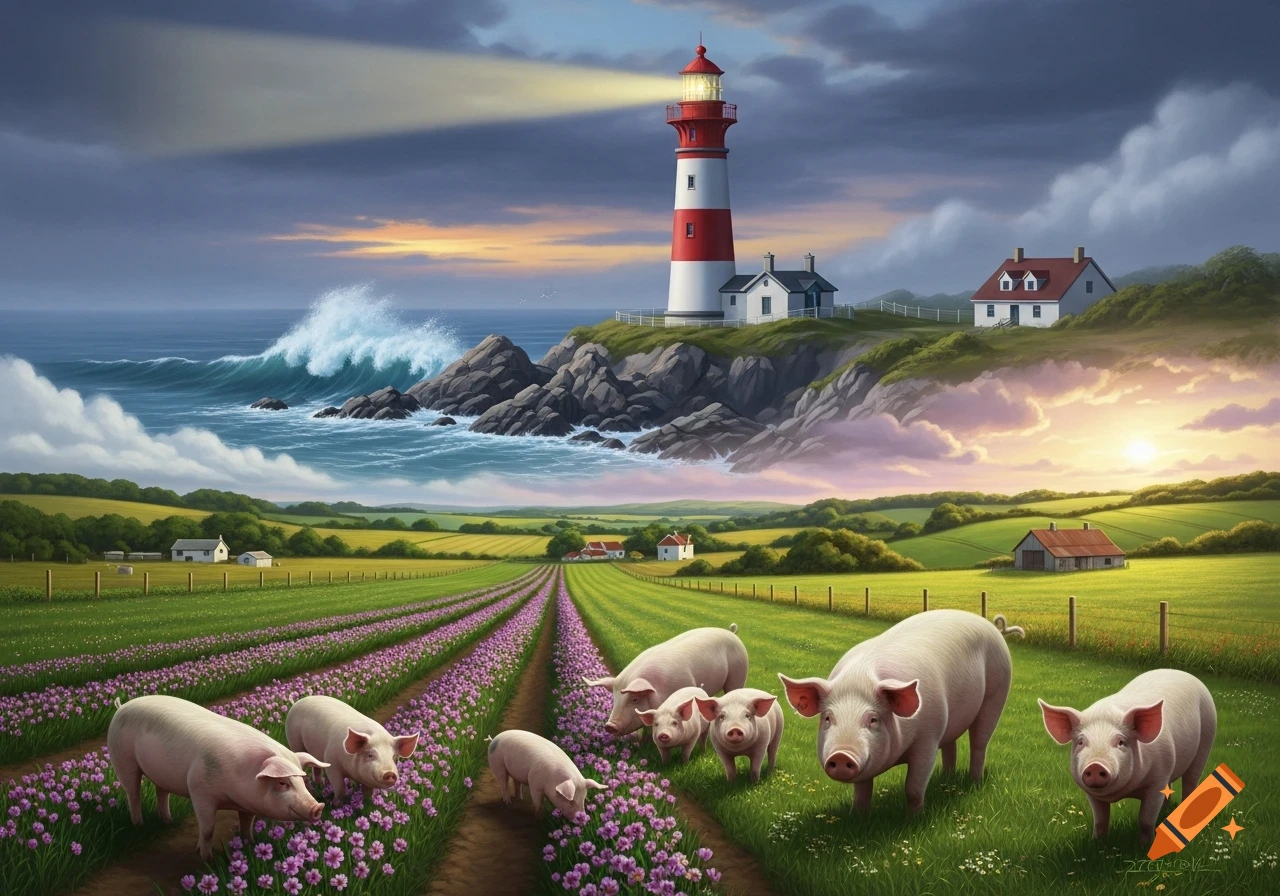 Pigs graze in a field of purple flowers, with a red and white lighthouse on a rocky cliff overlooking the ocean at sunset.