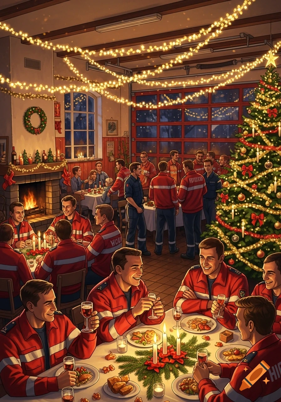 A group of firefighters in red uniforms celebrate a Christmas party in a fire station, featuring a decorated tree, fireplace, and string lights.