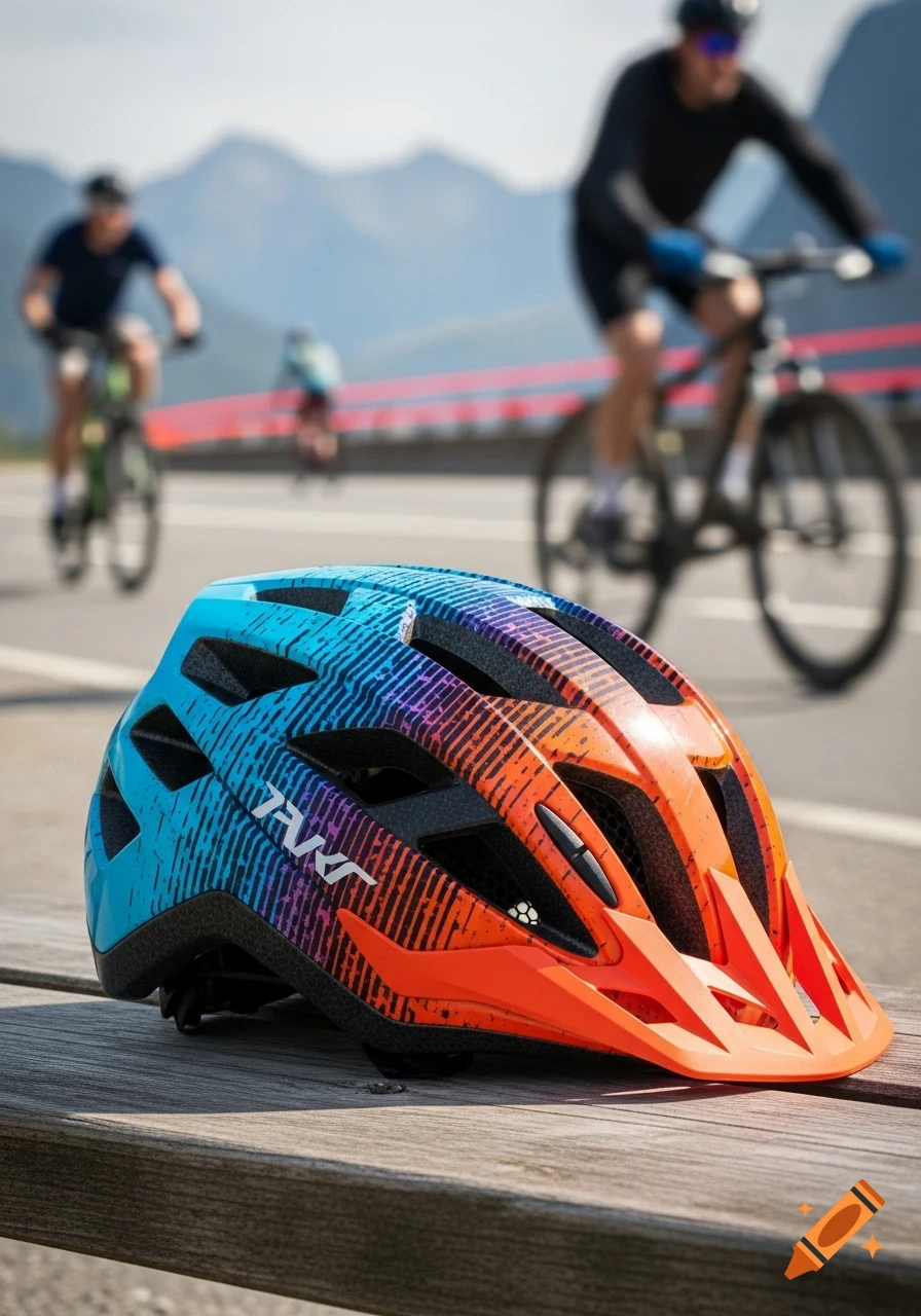 A colorful blue, purple, and orange bicycle helmet rests on a wooden bench, with blurred cyclists and mountains in the background.