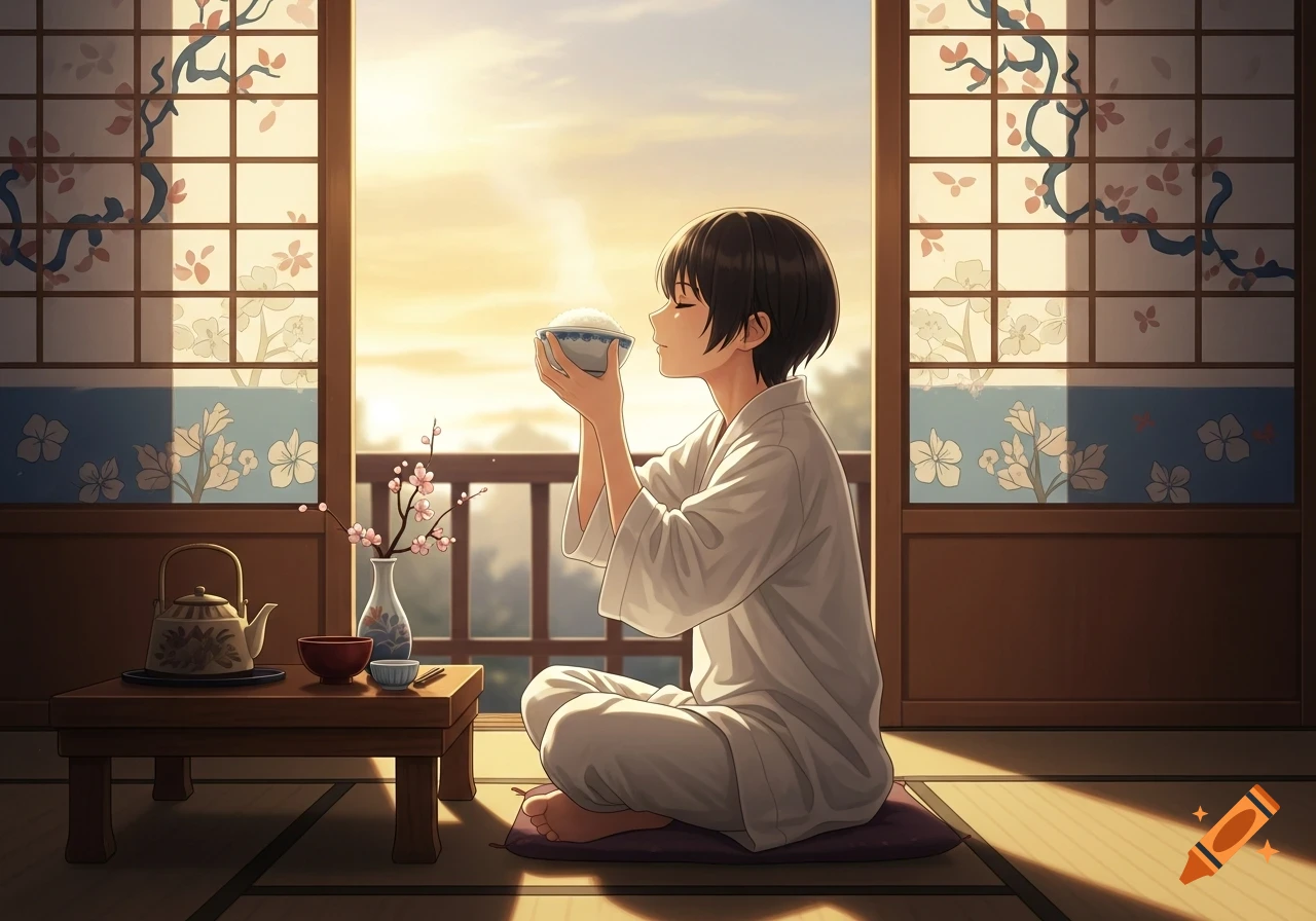 Anime character in a traditional Japanese room, sitting on a cushion and holding a bowl of rice during sunrise.