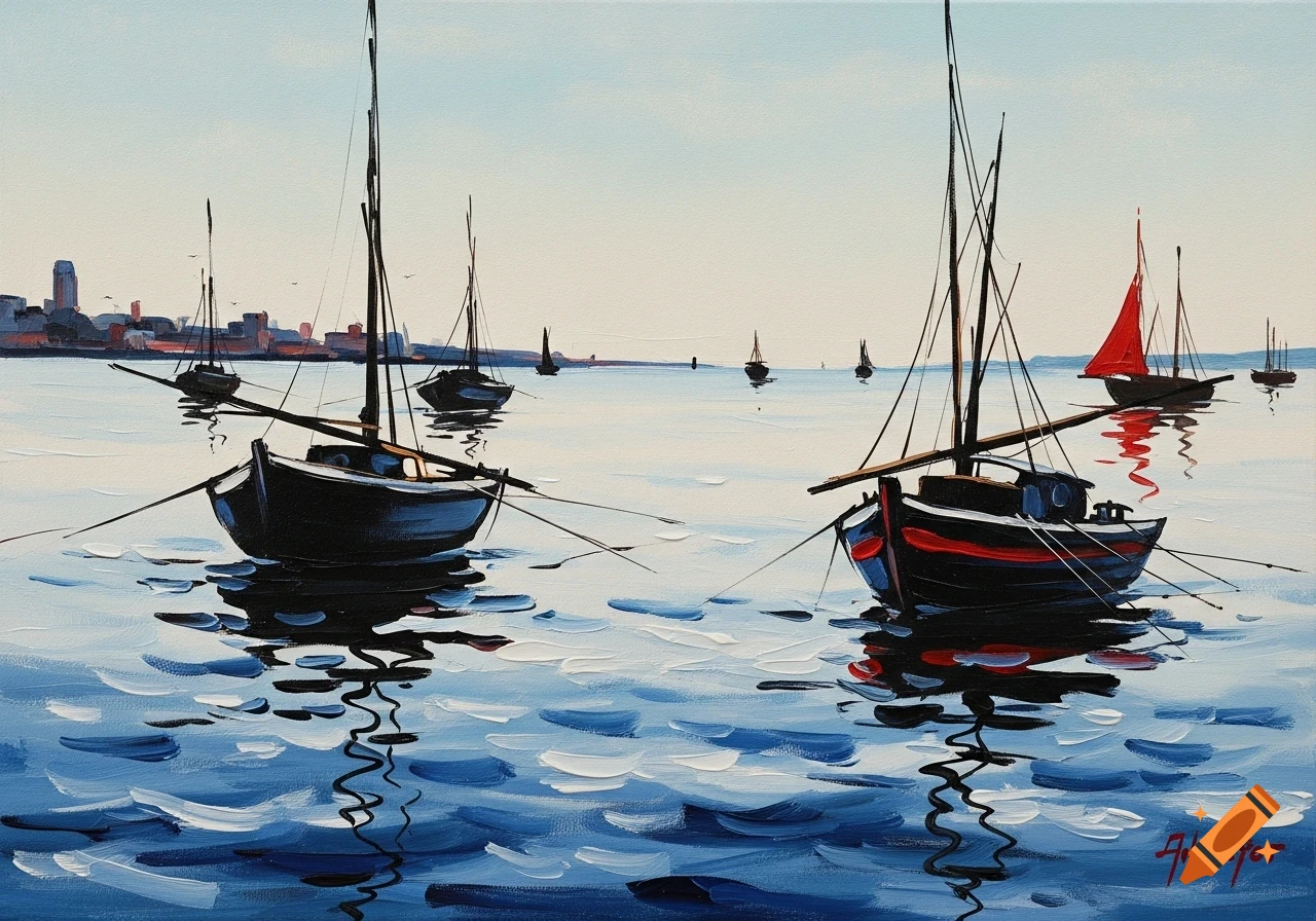 Impressionistic painting of boats with masts on calm blue water, with a city skyline in the distance.