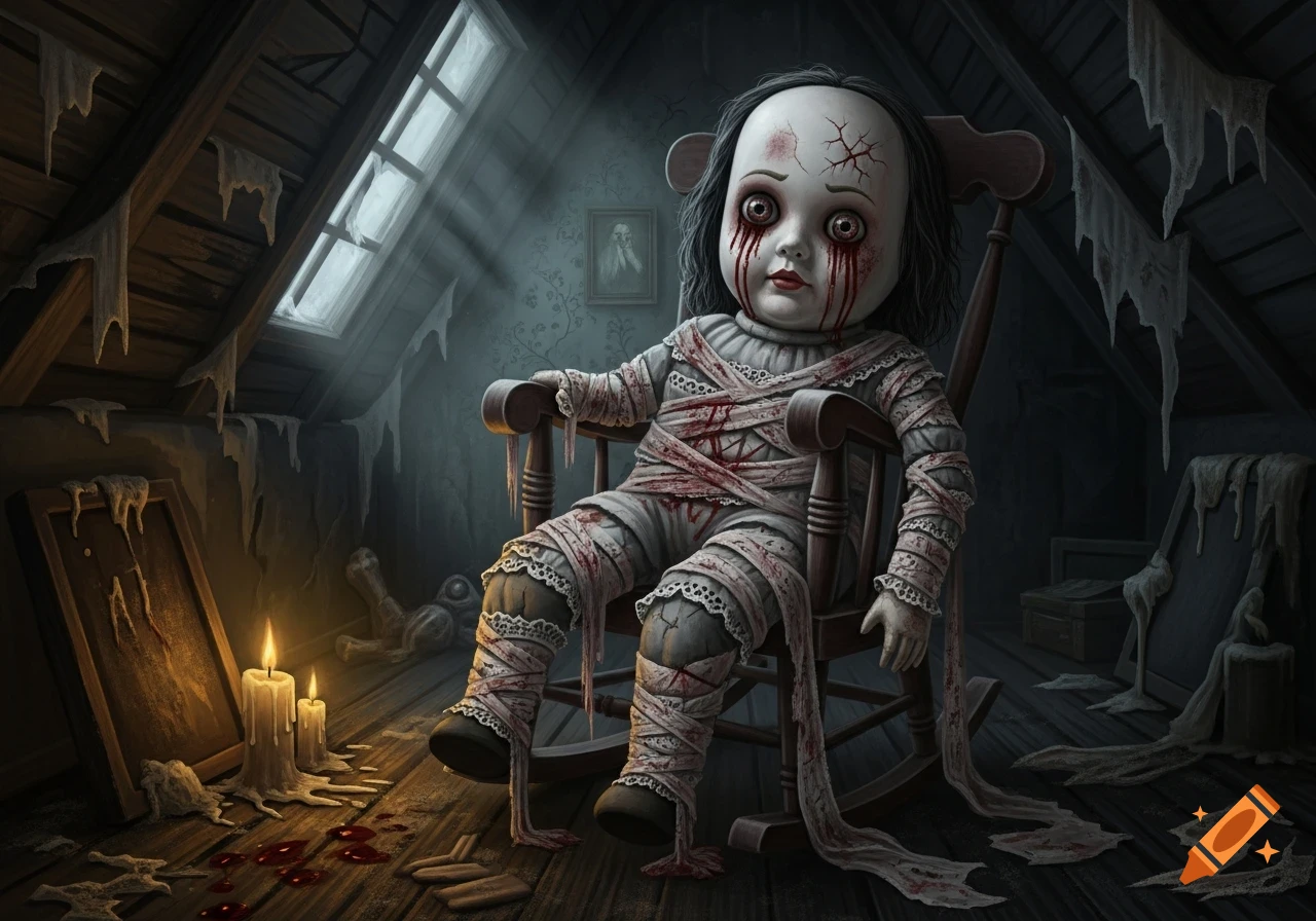 A creepy horror doll with cracked skin, bloody tears, and bandages sits in a rocking chair in a dark, dusty attic with lit candles.