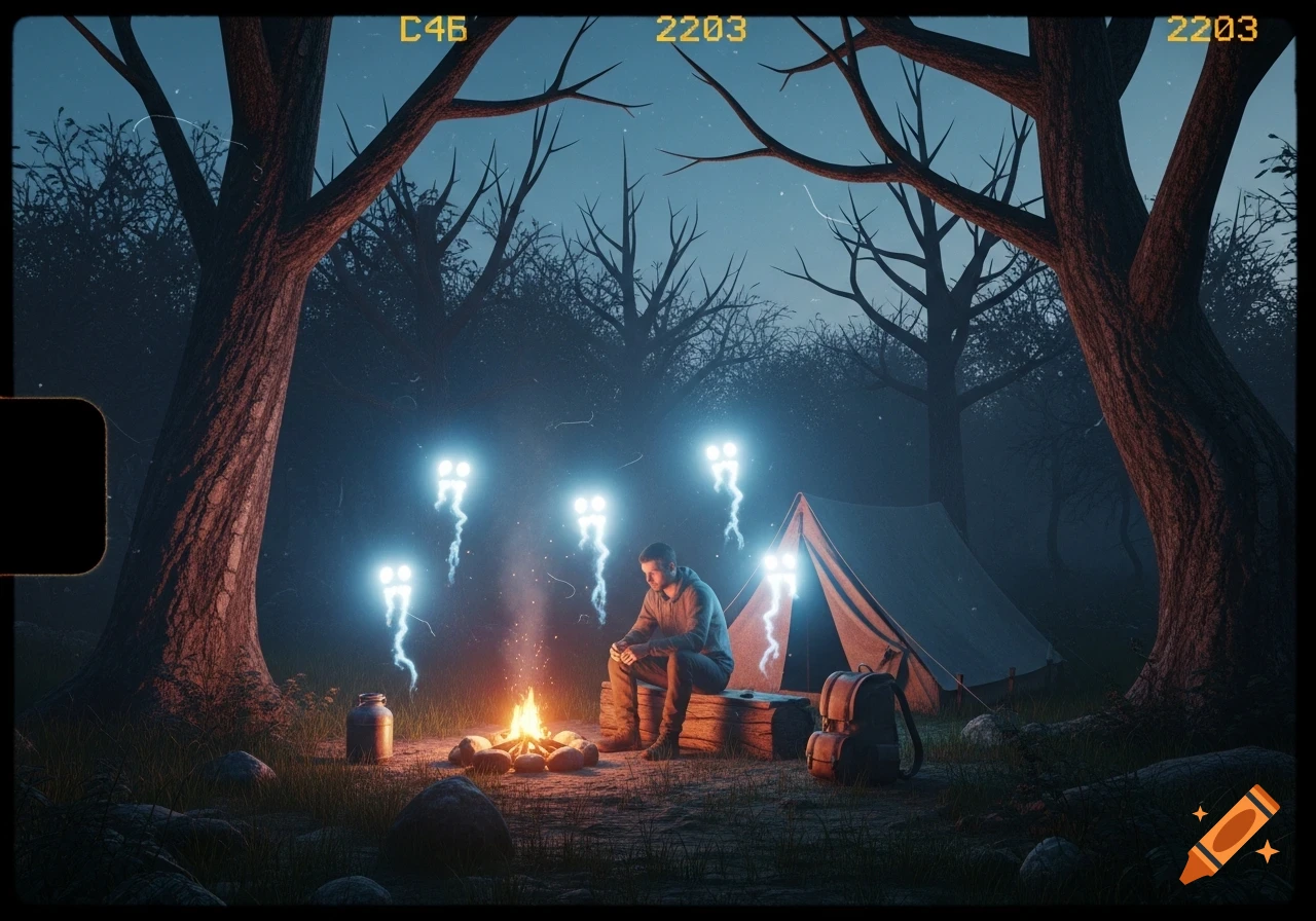 A man sits by a campfire at a night campsite in a forest, surrounded by floating blue, eerie ghost-like lights, in a found footage style.