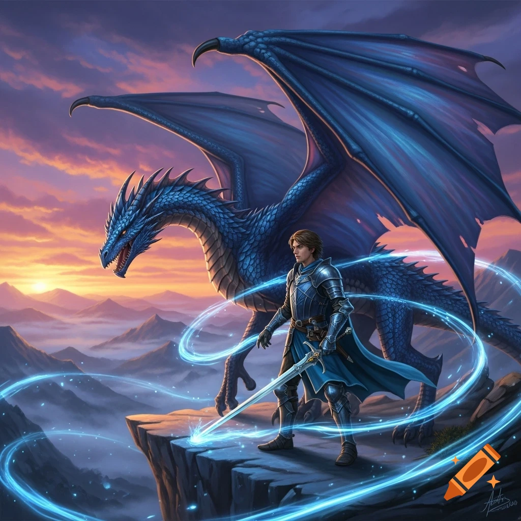 A blue dragon and a knight in shining armor stand on a cliff overlooking mountains at sunset, surrounded by glowing blue magical energy.