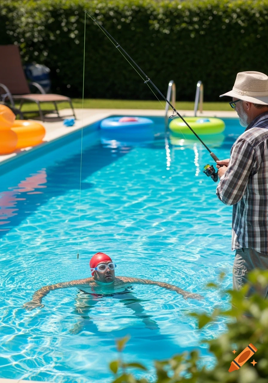A man in a hat fishes into a swimming pool where another man in a red swim cap and goggles floats, looking surprised.