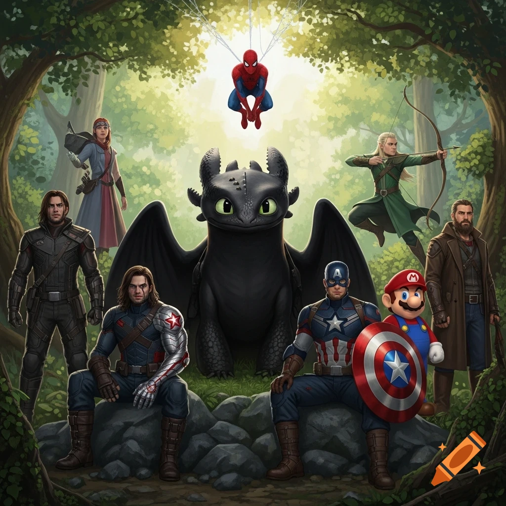A group of pop culture characters including Toothless, Spider-Man, Captain America, Bucky Barnes, Legolas, and Mario stand in a lush forest.