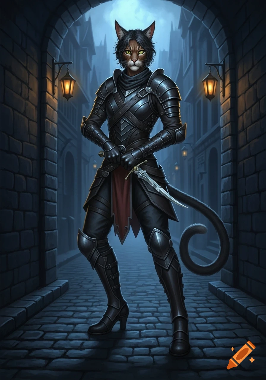 A feline rogue in dark intricate armor stands in a medieval stone alley, holding a dagger.