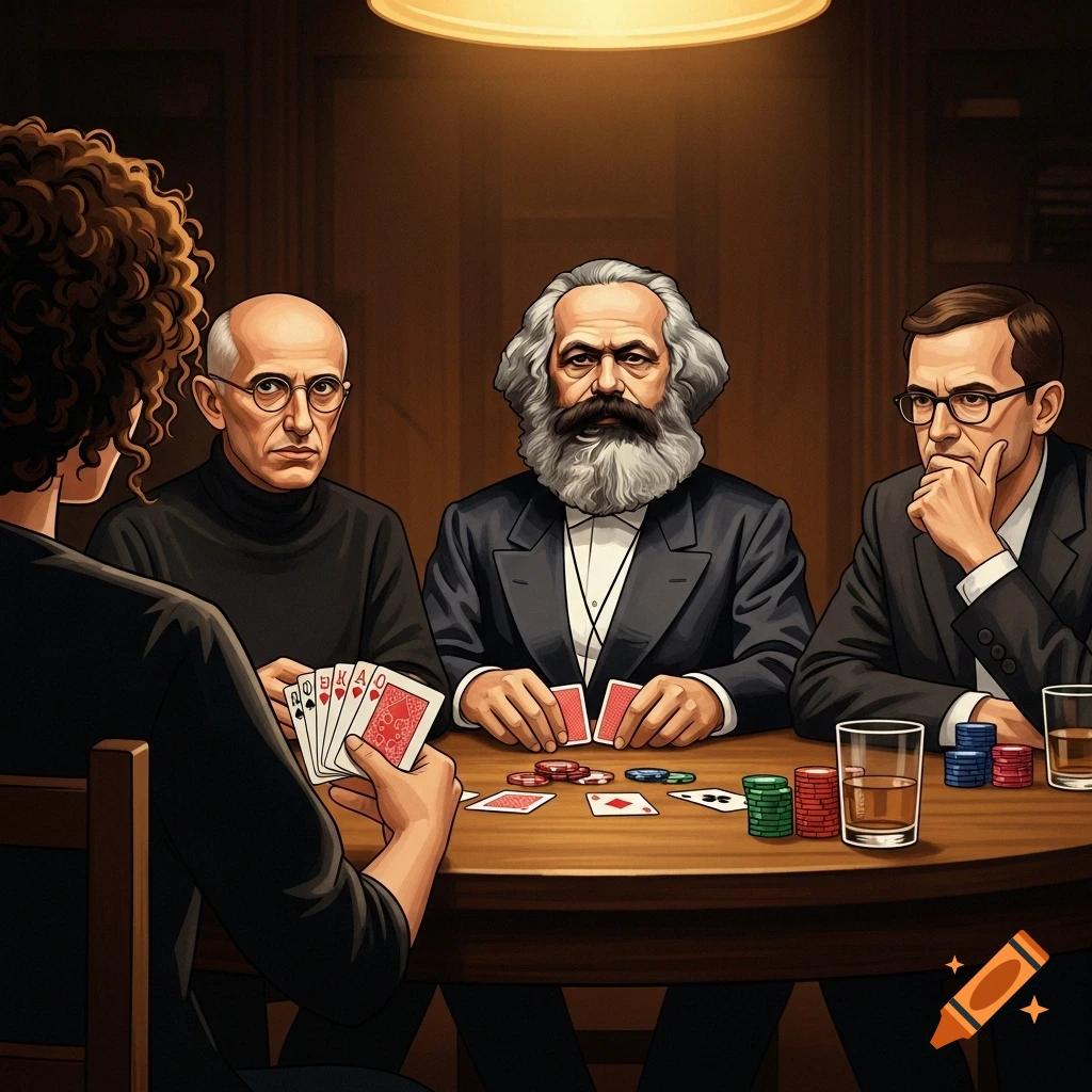 Painterly illustration of a poker game with Karl Marx, Michel Foucault, and Hartmut Rosa at a dimly lit wooden table.