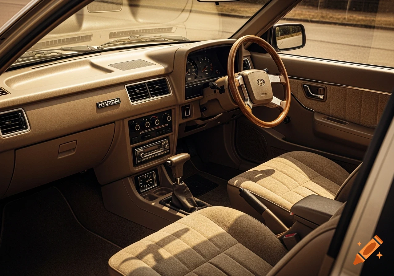 Interior of a vintage 1985 Hyundai Accent car, showing the beige dashboard, wood-trimmed steering wheel, and cloth seats.