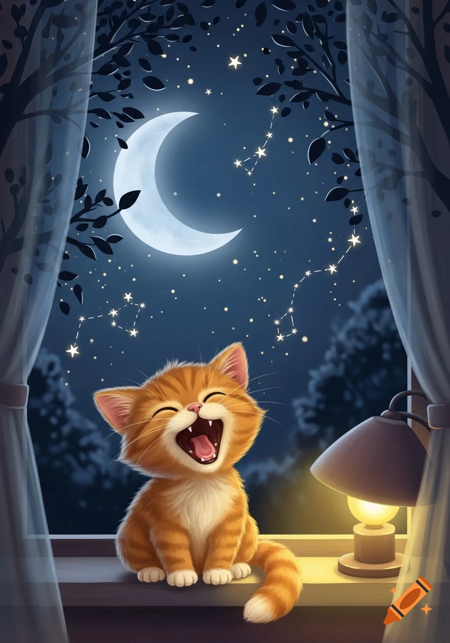Animated illustration of a happy orange cat yawning on a window sill at night, with a crescent moon and stars outside.